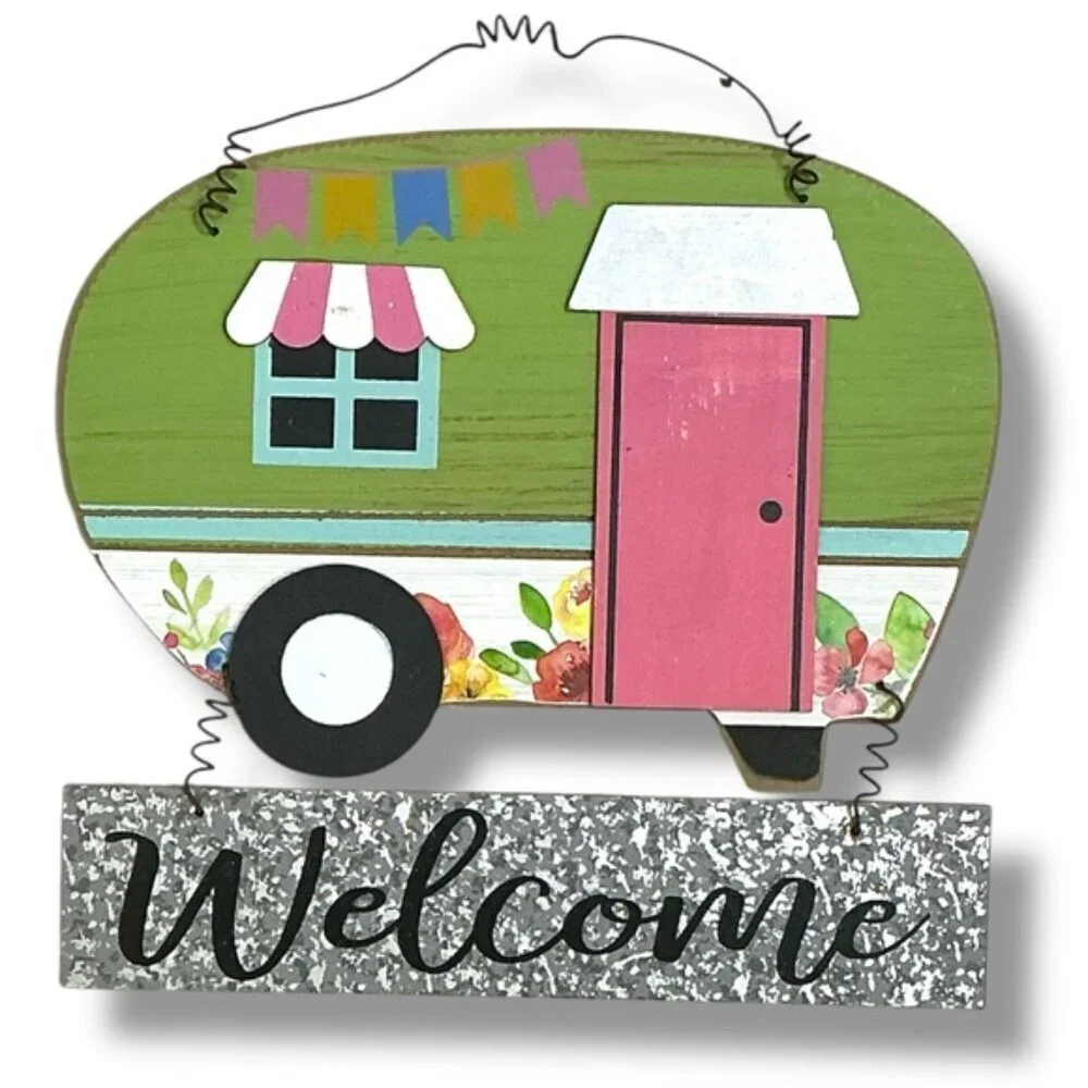 Camper Welcome Sign Colorful Wall Decor Retro Green Pink